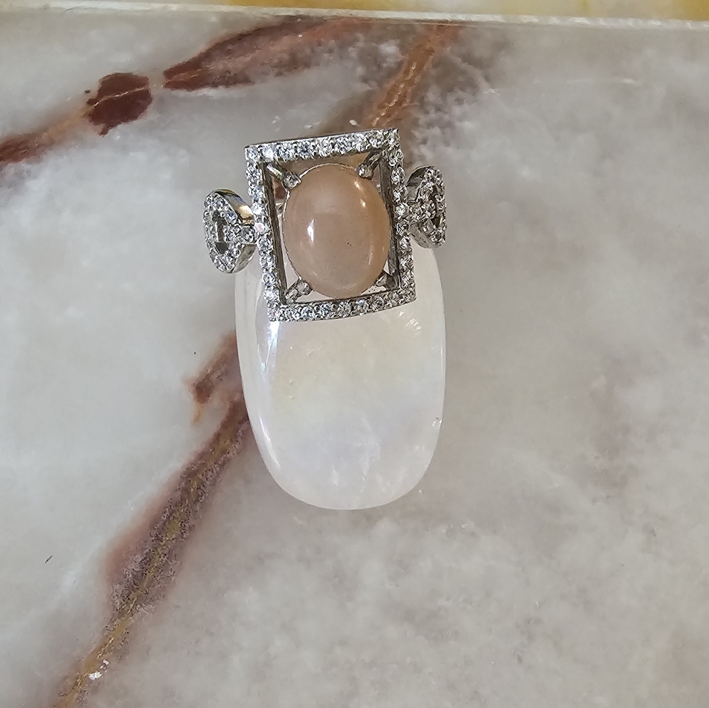 925 Sterling Silver Open Work Peach Moonstone Ring with CZ Framing Size 6.75